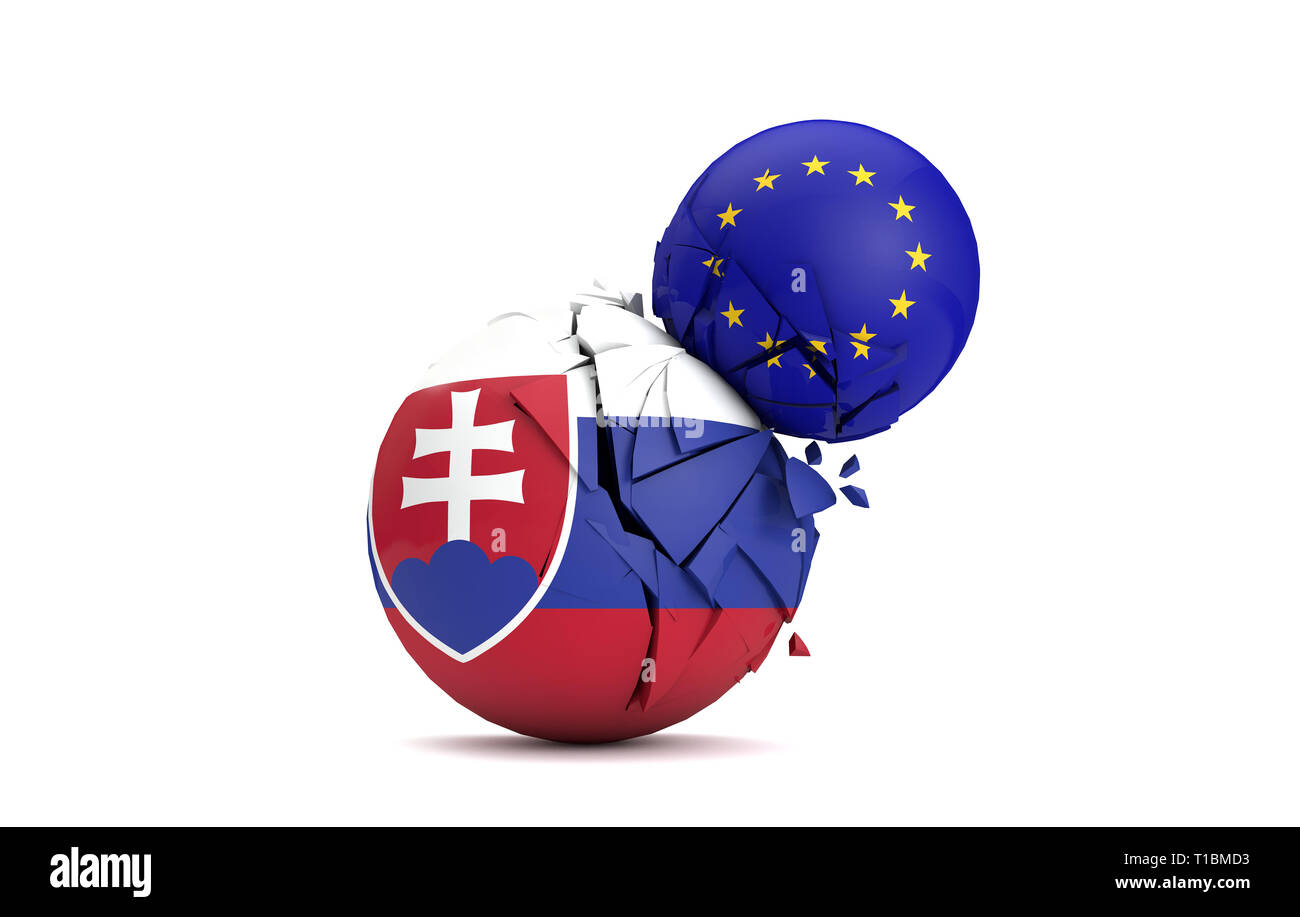 Die Slowakei und die Europäische Union politische Kugeln smash zusammen. 3D-Rendering Stockfoto