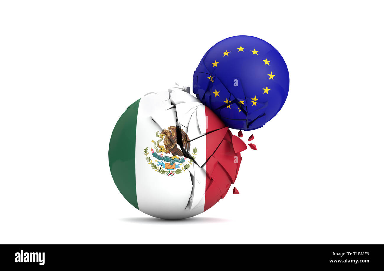 Mexiko und die Europäische Union politische Kugeln smash zusammen. 3D-Rendering Stockfoto