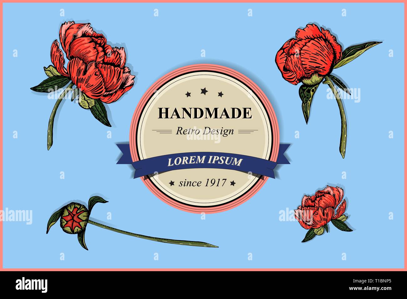 Vintage grußkarte , Label, retro Abzeichen mit Pfingstrose Blüten auf hellblauem Hintergrund. Lebende Koralle gefärbt Pfingstrose Flora. Stock Vektor