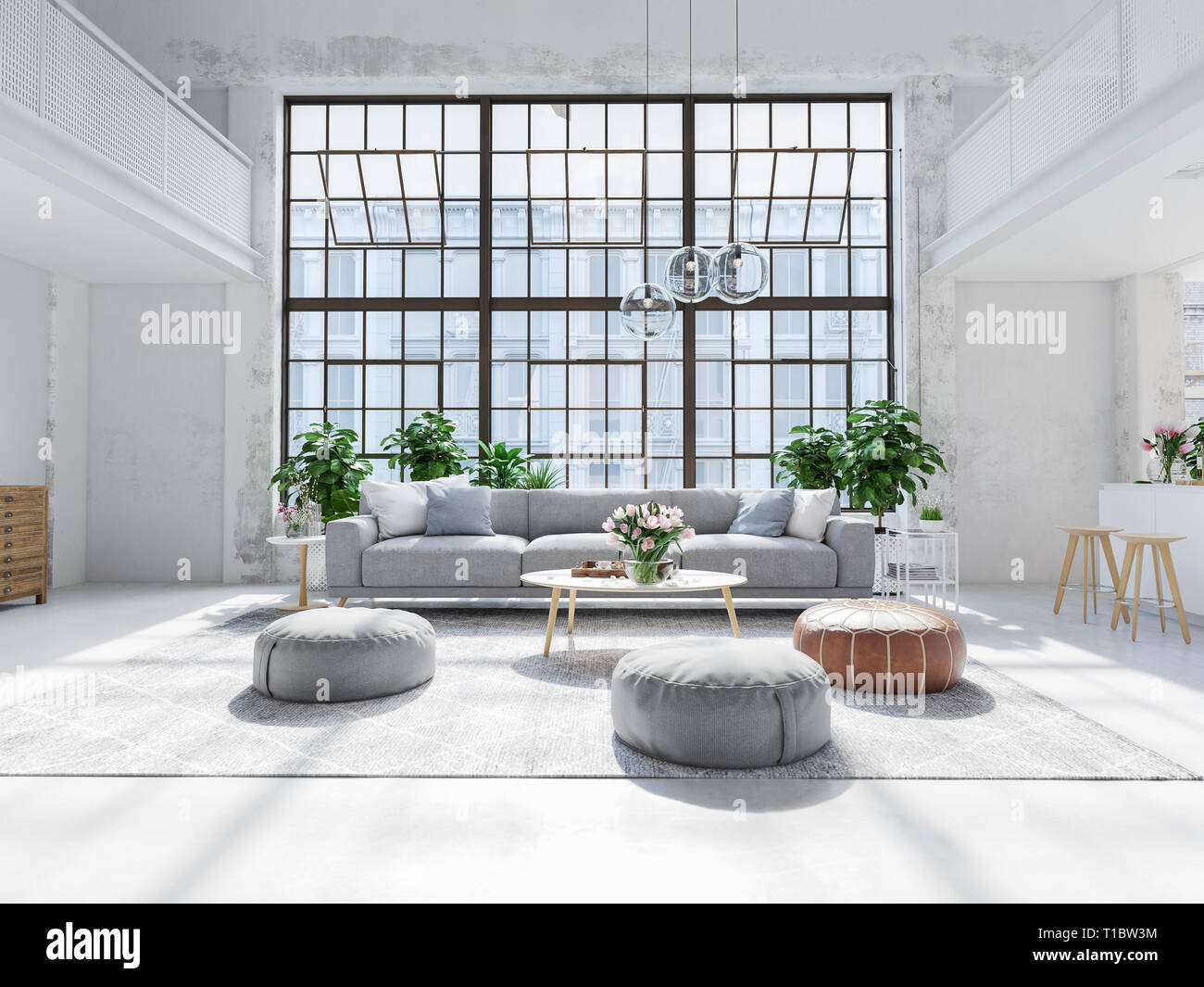 3D-Darstellung eines neuen modernen City Loft Apartment. Stockfoto