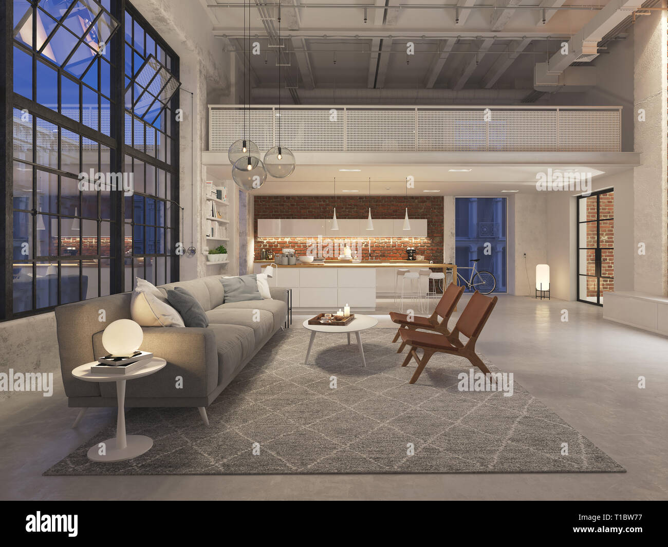 3D-Darstellung eines neuen modernen City Loft Apartment in der Nacht. 3D-Rendering Stockfoto