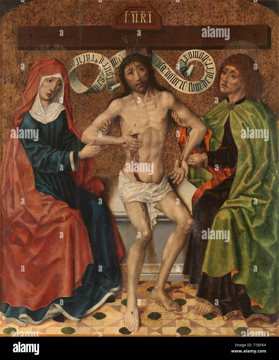 Diego de la Cruz/' Christus zwischen der Jungfrau Maria und der hl. Johannes'. 1475 - 1480. Öl auf pine Panel. Museum: Museo del Prado, Madrid, España. Stockfoto