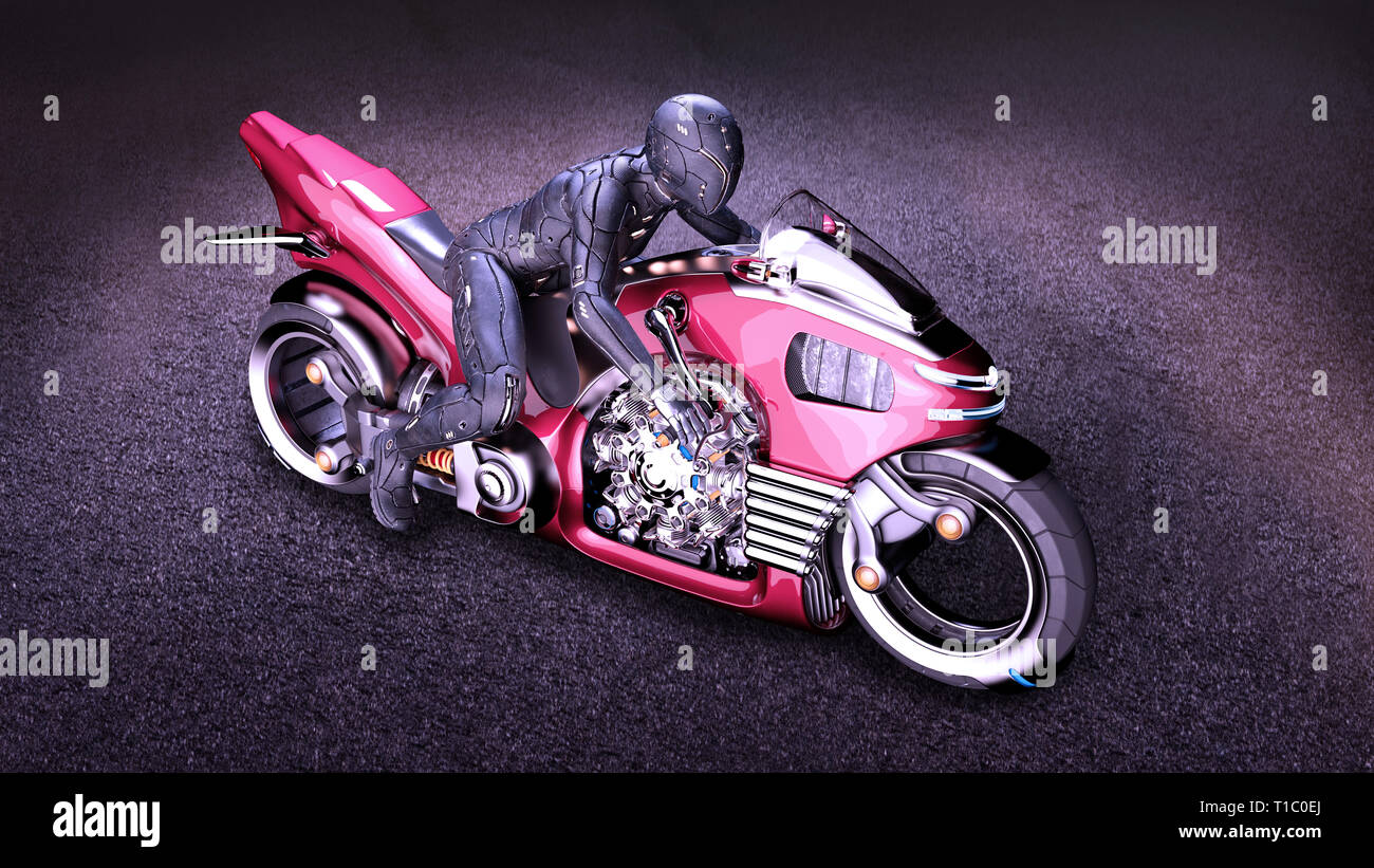 Biker Mädchen mit Helm reiten ein sci-fi-bike, Frau auf Rot futuristisches Motorrad in Night city street, Ansicht von oben, 3D-Rendering Stockfoto