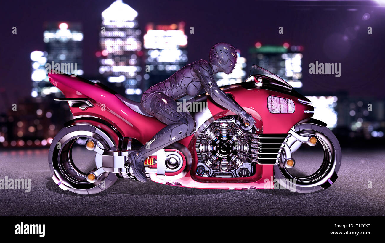 Biker Mädchen mit Helm reiten ein sci-fi-bike, Frau auf Rot futuristisches Motorrad in Night city street, Seitenansicht, 3D-Rendering Stockfoto