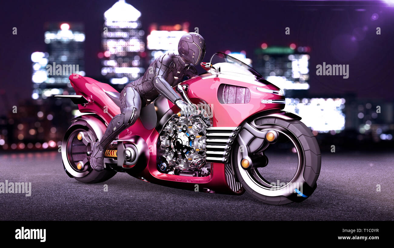 Biker Mädchen mit Helm reiten ein sci-fi-bike, Frau auf Rot futuristisches Motorrad in Night city street, 3D-Rendering Stockfoto