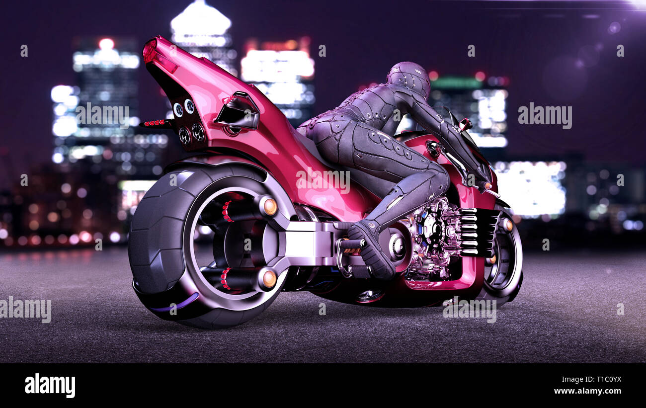 Biker Mädchen mit Helm reiten ein sci-fi-bike, Frau auf Rot futuristisches Motorrad in Night city street, Rückansicht, 3D-Rendering Stockfoto