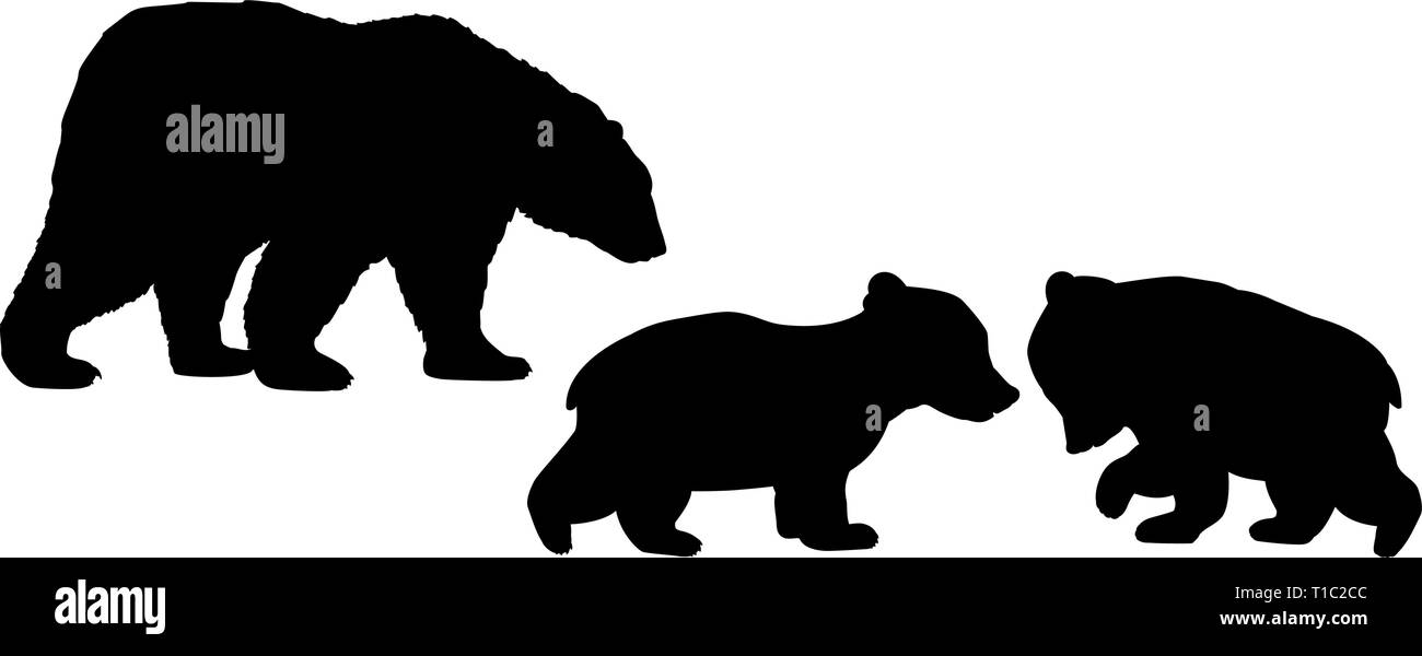 Bear Family zwei Bärenjunge schwarze Silhouette Tiere Stock Vektor