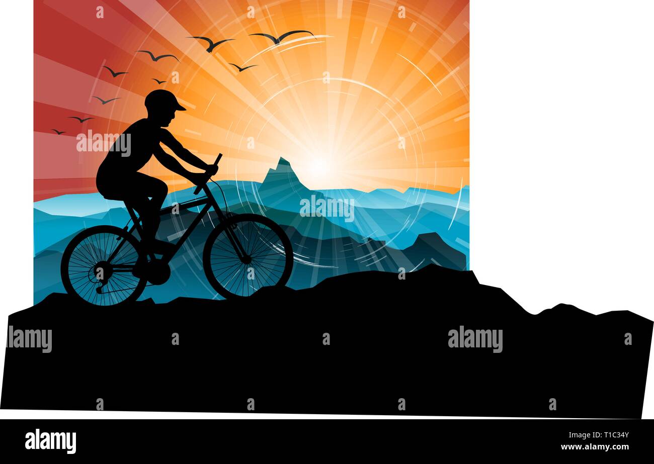 Silhouette der Biker, mit Berge und den Sonnenuntergang im Hintergrund Stock Vektor