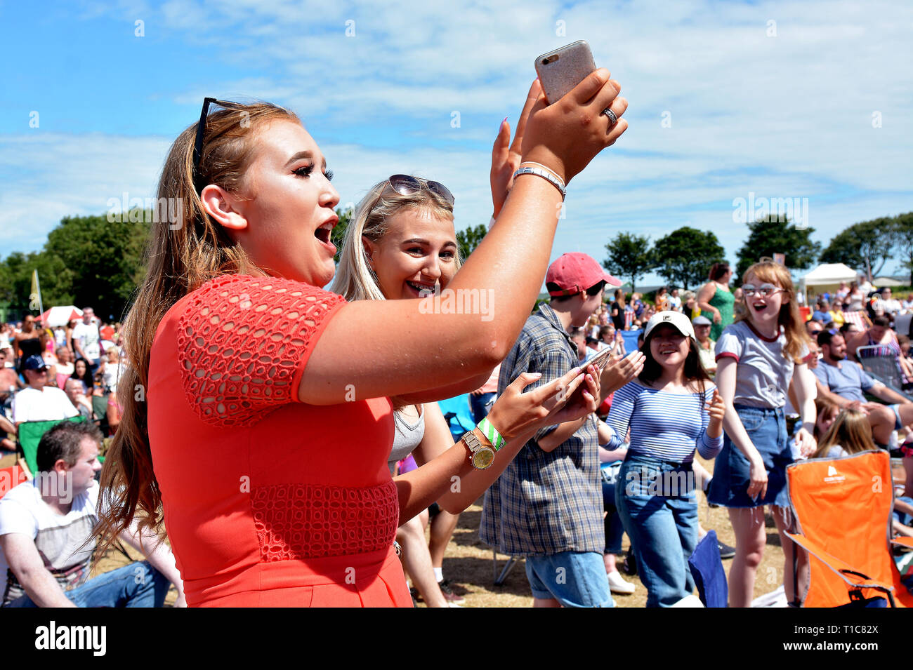 Musikfans, die bei Musikfestivals in England jubeln und mitsingen Stockfoto