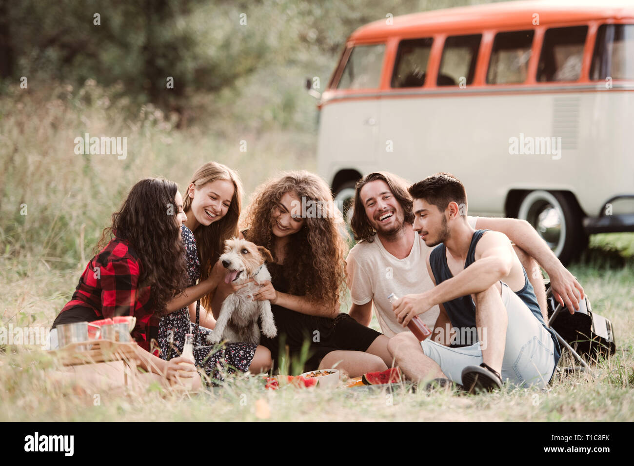 Eine Gruppe junger Freunde mit einem Hund sitzen auf Gras auf einem Roadtrip durch die Landschaft. Stockfoto
