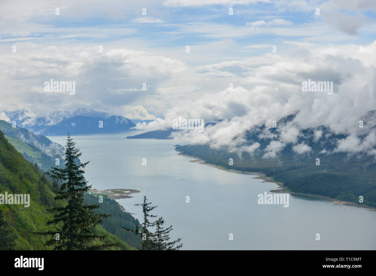 Blick über den Fjord in Alaska von Juneau. Stockfoto