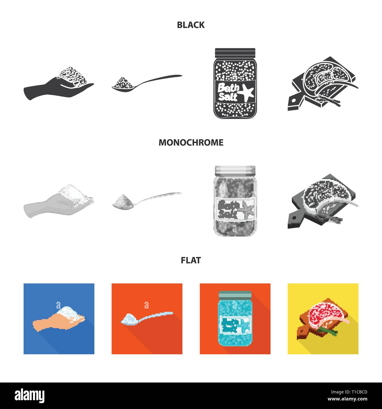 Arm, Löffel, Flaschen, Fleisch, Handvoll, salzig, Board,, Bath, Spa, Restaurant, Gewürze, Vintage, Streuen, Pulver, weiß, Mehl, sauber, Picknick, kochen, Meer, Natur, Backen, Salz, Nahrungsmittel-, Natrium-, Mineral, Raw, Küche, Set, Vector, Icon, Illustration, isoliert, Sammlung, Design, Element, Grafik, Zeichen, Vektor, Vektoren, Stock Vektor