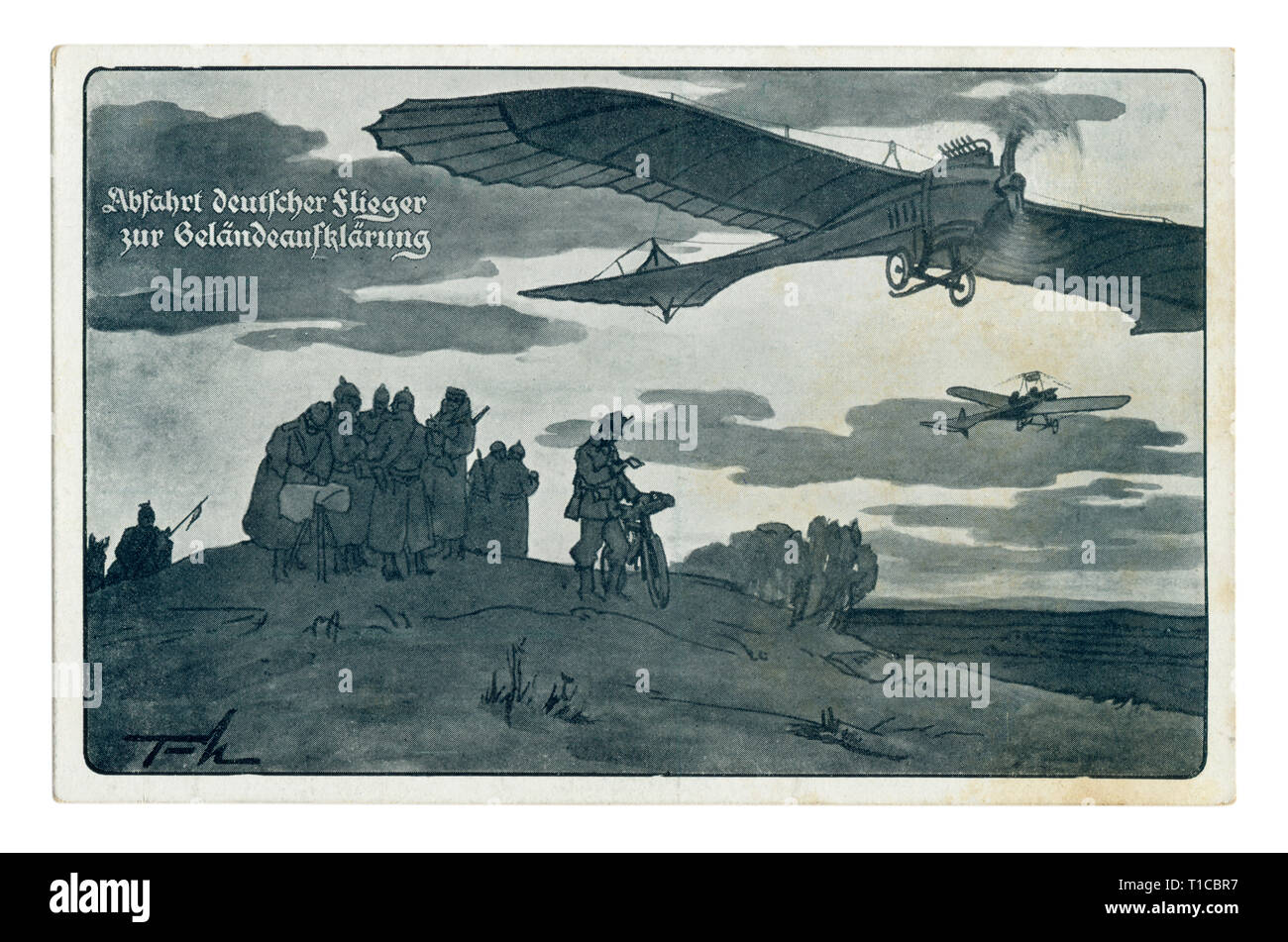 Deutsche Historische Postkarte: Die deutschen Heeresflieger erhielt Aufträge für die Erkundung der Gegend. Flugzeuge fliegen in verschiedenen Richtungen, Erster Weltkrieg Stockfoto