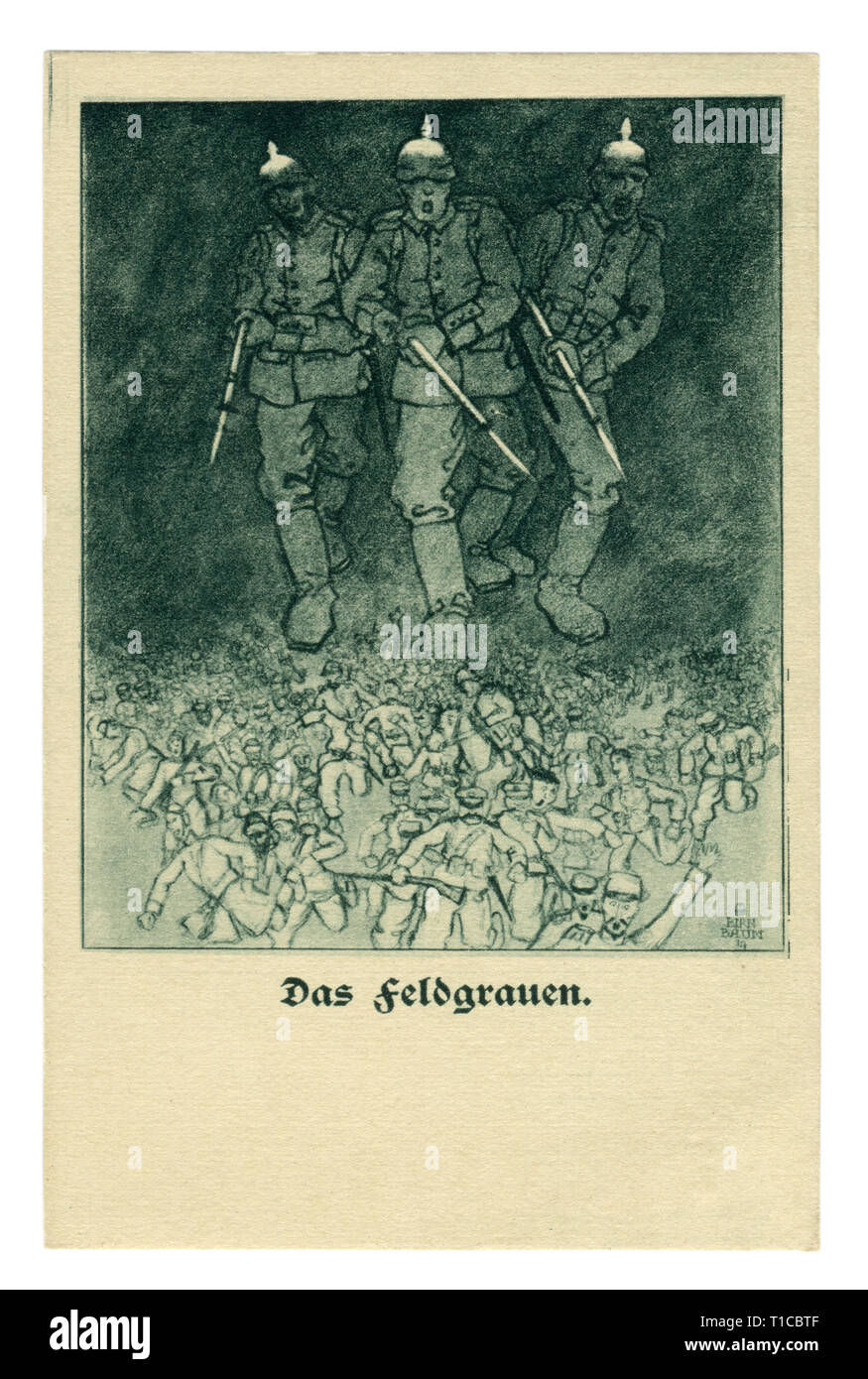 Deutsche Historische Postkarte: Feld grau Farbe der Uniform. Infanterie Soldaten mit Gewehren und Bajonetten bereit Chase der Alliierten Stockfoto