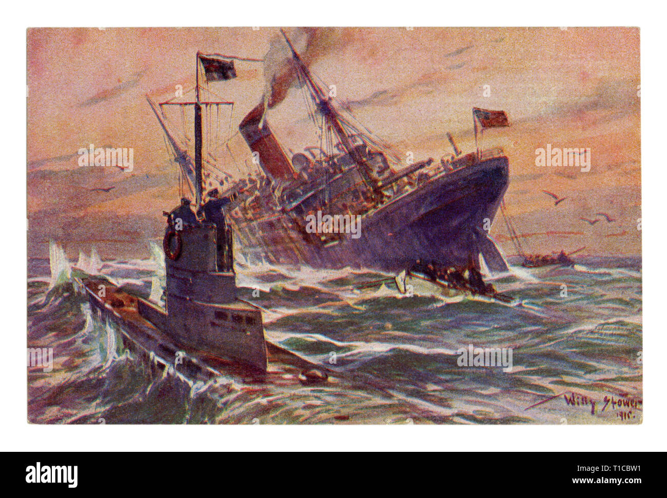 Deutsche Historische Postkarte: ein Deutsches U-Boot sank ein Englisches Transportschiff. Die Passagiere des Schiffes durch Boote gespeichert sind, Weltkrieg 1914-1918. Stockfoto