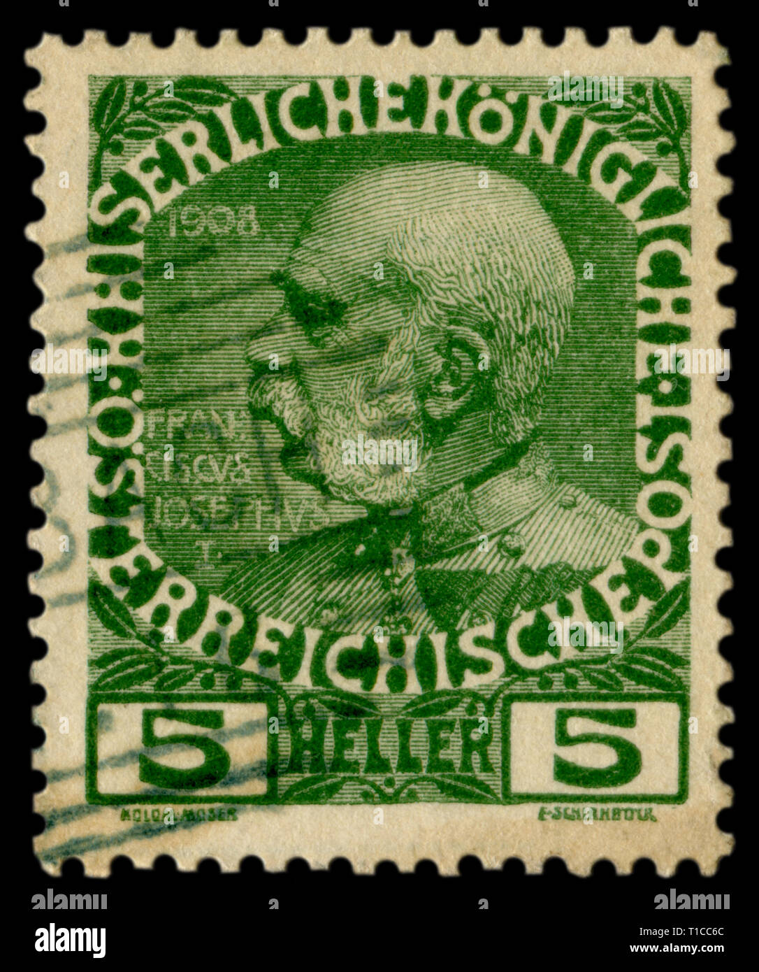 Österreichische historische Stempel: Portrait von Kaiser Franz Joseph I., 5 heller, 1908, Sonderstempel, Österreich, österreichisch ungarische Reich Stockfoto