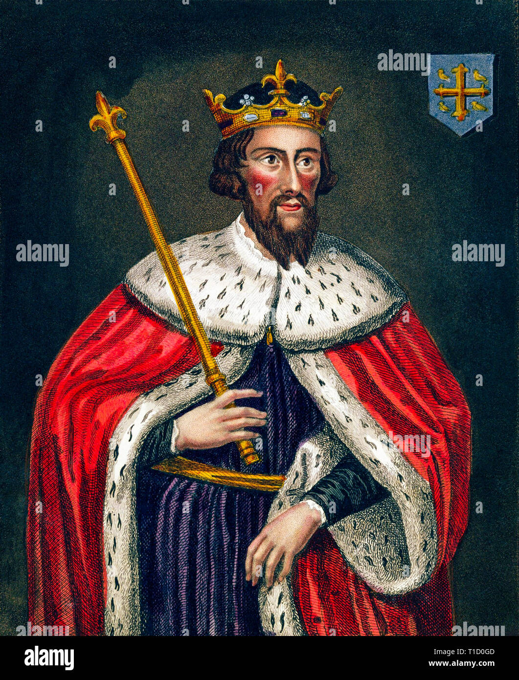 Porträt König Alfred des Großen (849-899), Stich aus dem 19.. Jahrhundert nach einem Gemälde in der Bodleian Gallery Stockfoto