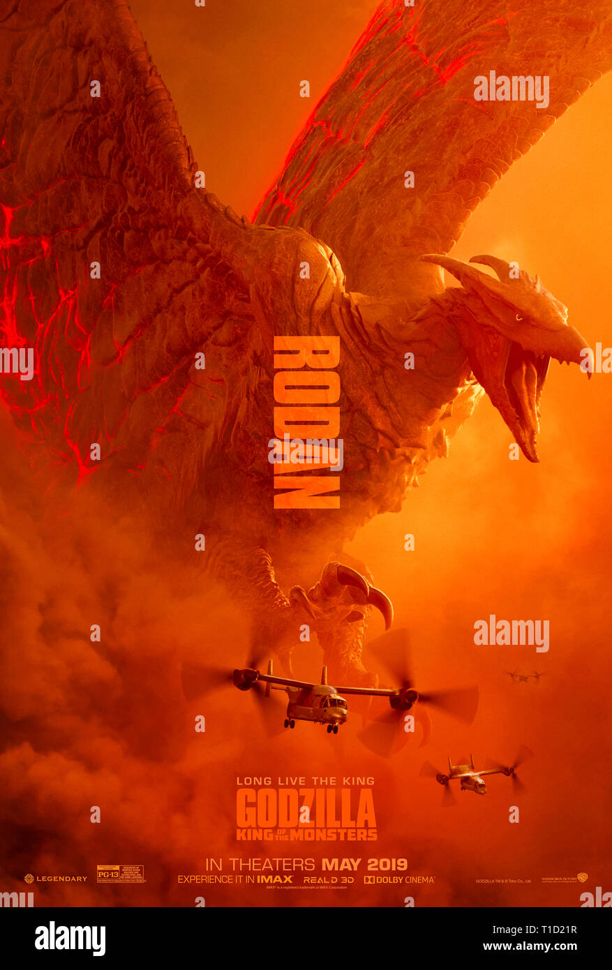 Godzilla: König der Monster (2019) unter der Regie von Michael Dougherty und Hauptdarsteller Millie Bobby Brown, Vera Farmiga und Charles Dance. Godzilla nimmt auf Rodan und andere KAIJU. Stockfoto