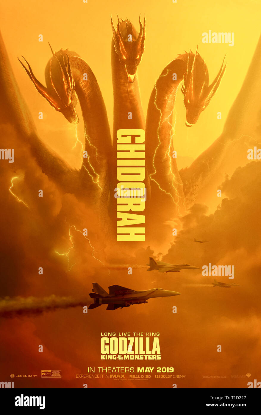 Godzilla: König der Monster (2019) unter der Regie von Michael Dougherty und Hauptdarsteller Millie Bobby Brown, Vera Farmiga und Charles Dance. Godzilla nimmt auf Ghidoran und andere KAIJU. Stockfoto