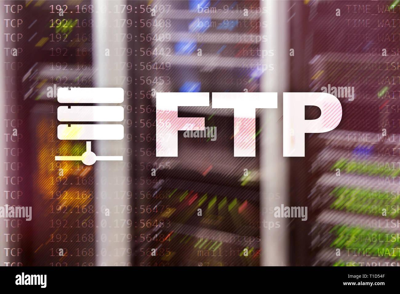 FTP. File Transfer Protocol. Netzwerk Übertragen von Daten vom Server auf supercomputer Hintergrund Stockfoto