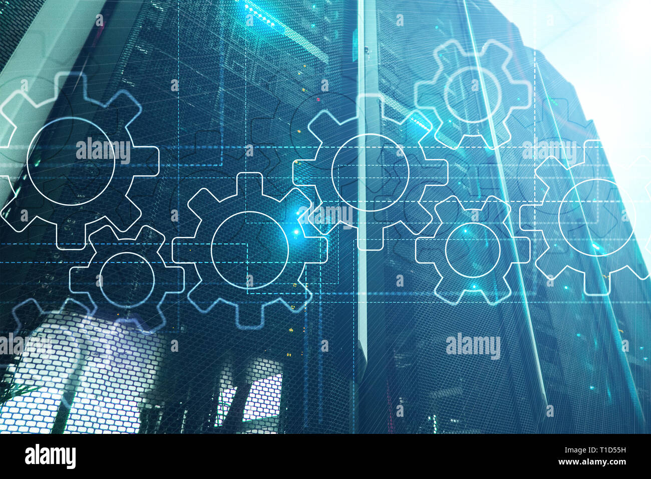Zahnräder, digitale Transformation, Integration der Daten und die digitale Technik Konzept Stockfoto