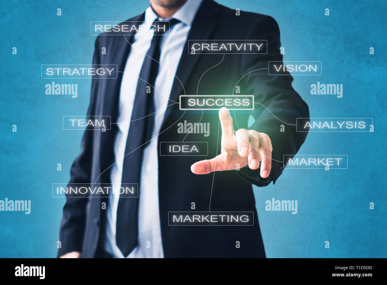Geschäftskonzept - Geschäftsmann verweist auf den Erfolg Strategie Komponenten Stockfoto
