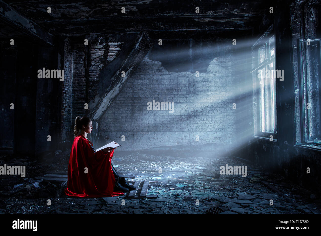 Super Girl in Isolation. Mixed Media Stockfoto