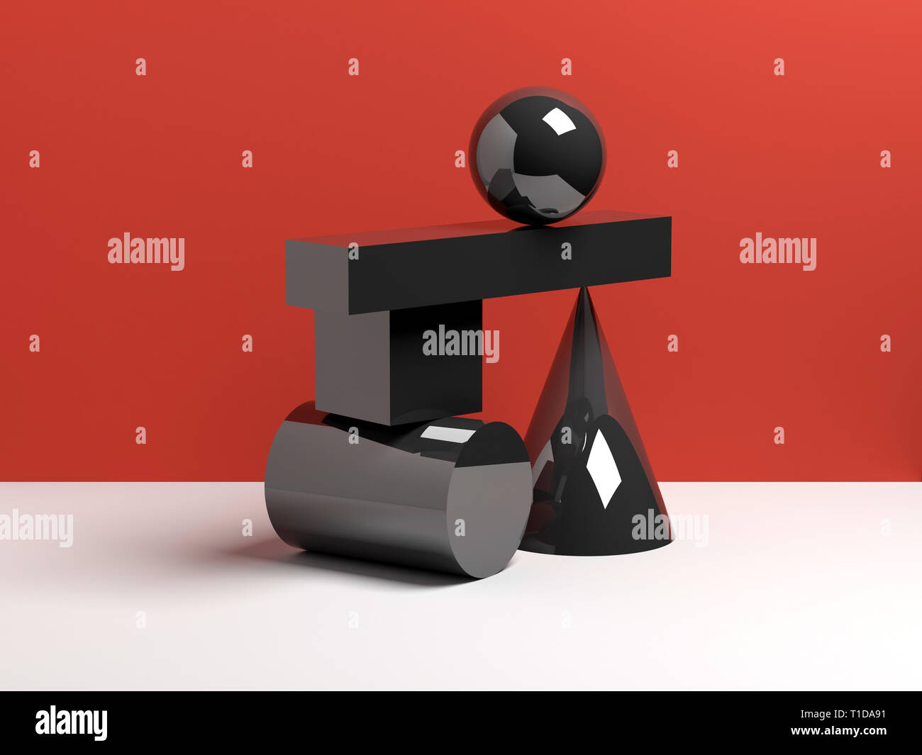 Abstrakte Gleichgewicht Konzept, Installation von glänzend schwarz primitive geometrische Formen über rote Wand Hintergrund. 3D-Render Abbildung Stockfoto