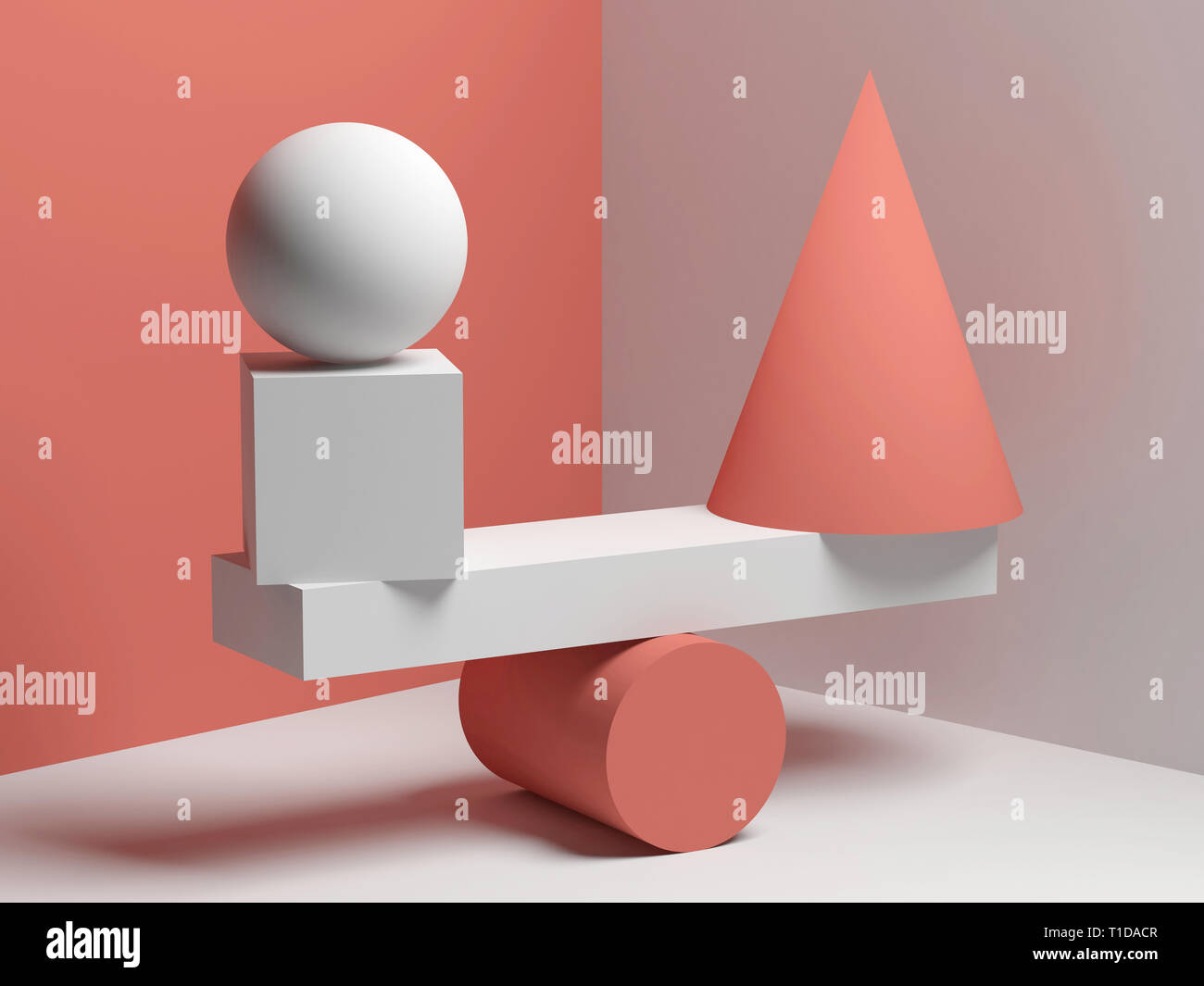 Abstrakte Gleichgewicht Installation von Lastausgleich roten und weißen primitive geometrische Formen. 3D-Render Abbildung Stockfoto
