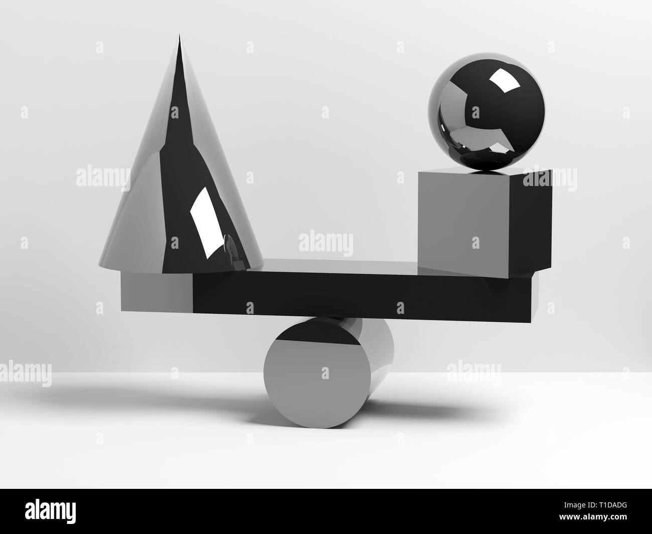 Abstrakte Gleichgewicht Installation von Lastausgleich glänzend schwarzen geometrischen Formen. 3D-Render Abbildung Stockfoto