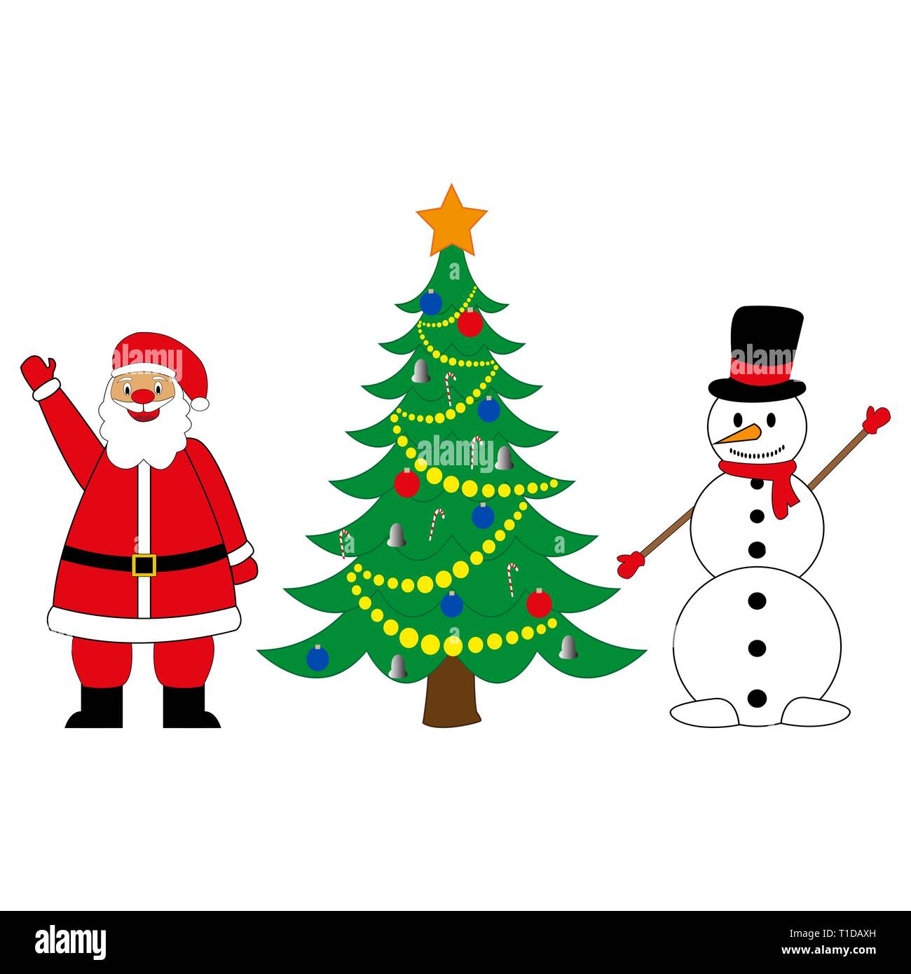 Schneemann und Weihnachtsmann mit Weihnachtsbaum auf weißem Hintergrund Stock Vektor