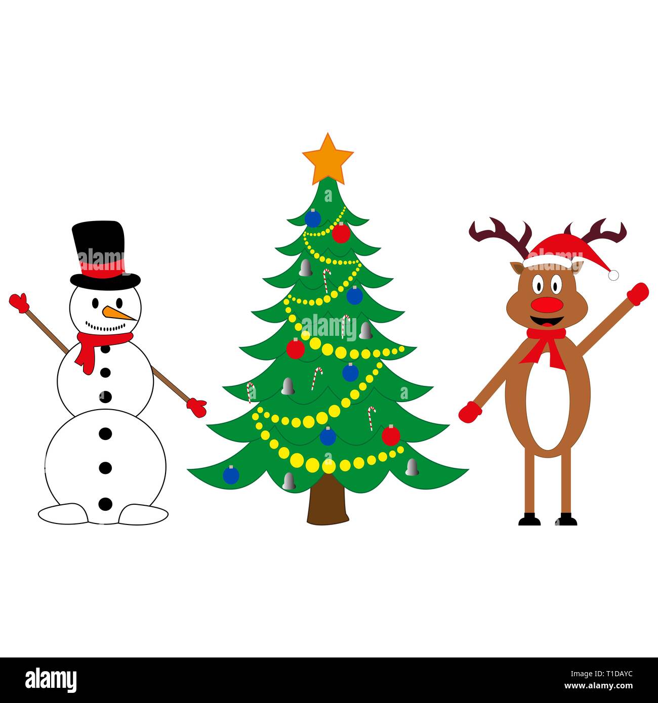 Schneemann und Wild in der geschmückten Weihnachtsbaum Stock Vektor