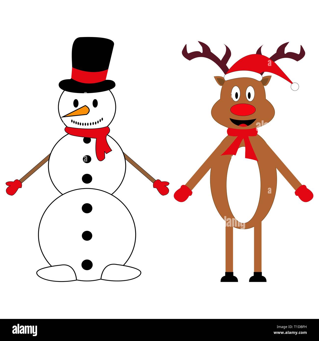 Schneemann und Weihnachten Rentier auf weißem Hintergrund Stock Vektor