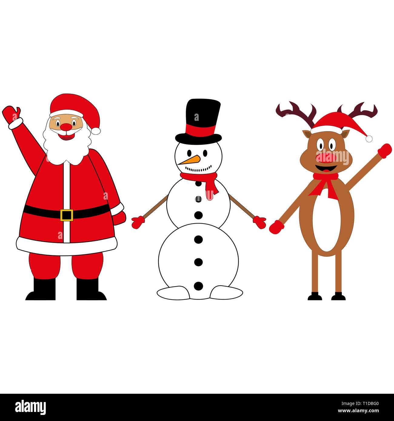 Weihnachtsmann mit Rentier und einen Schneemann auf einem weißen Hintergrund, Vector Illustration Stock Vektor