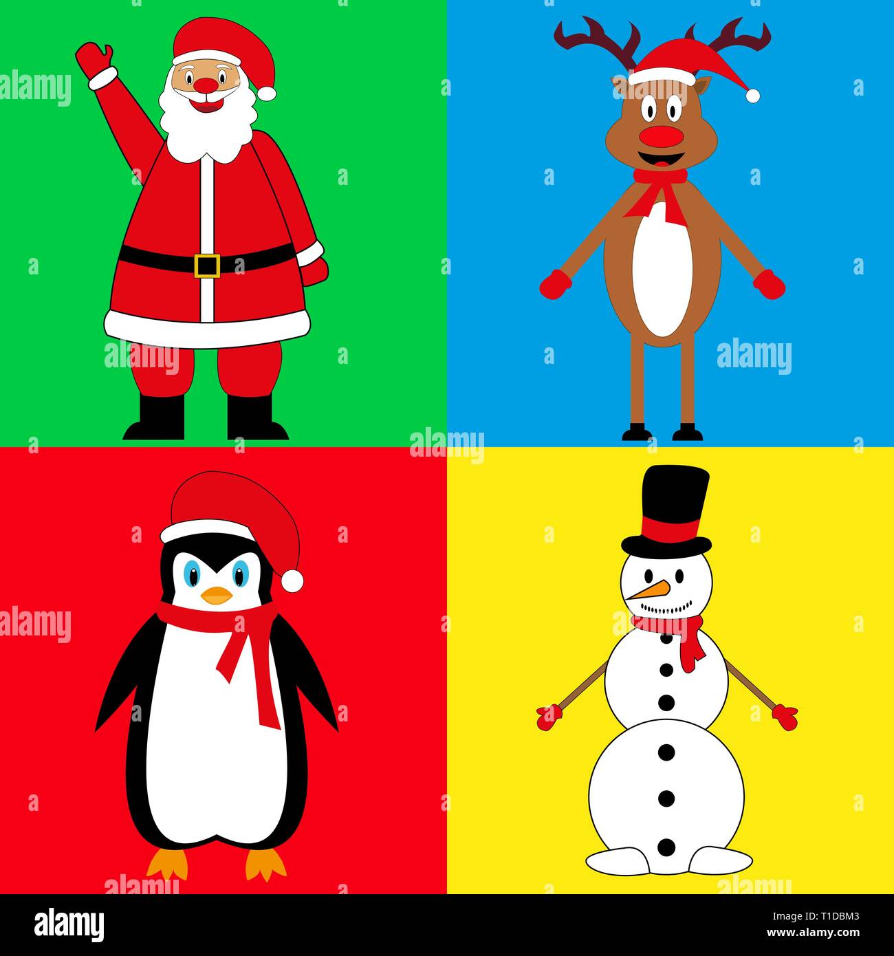 Das neue Jahr Zeichen, Santa Claus Rehe Schneemann und Pinguin Abbildung Stock Vektor