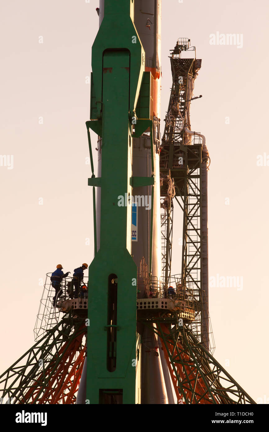 BAIKONUR - der Sojus Rakete MS-03 auf der Gagarin Start launchpad auf Montag Morgen, am 14. November. Es wird am Freitag morgen 18. November gestartet werden Stockfoto
