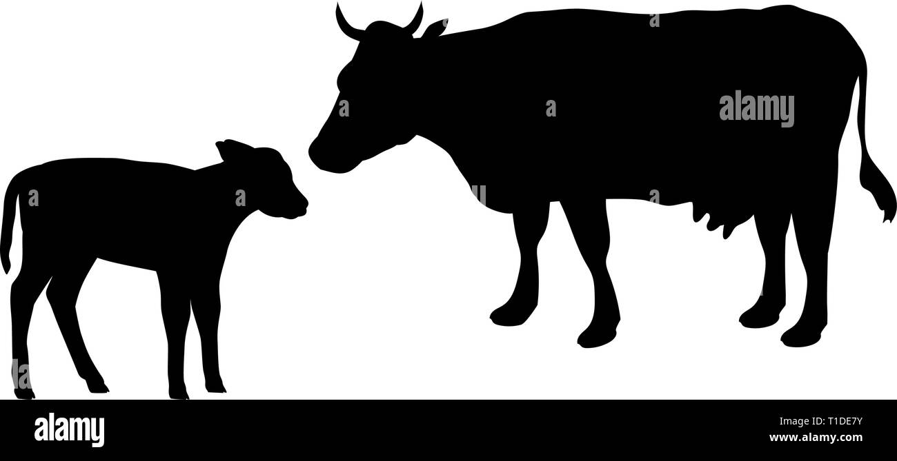 Kuh und Kalb Bauernhof Säugetier schwarze Silhouette Tier. Stock Vektor