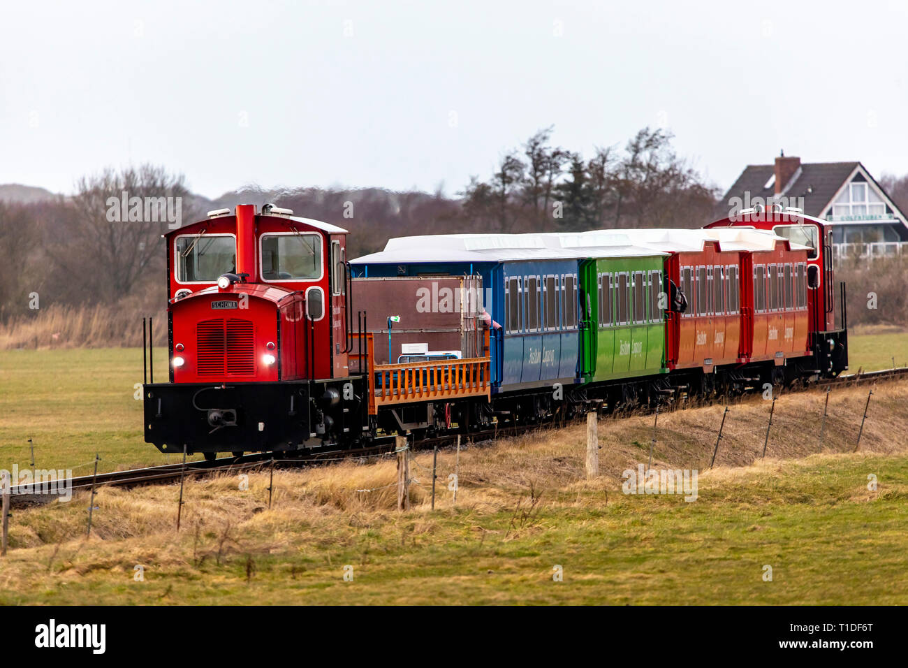 Inselbahn, Zug von der Fähre auf die Insel Bahnhof im Dorf, Nordseeinsel Langeoog, Ostfriesland, Niedersachsen, Stockfoto