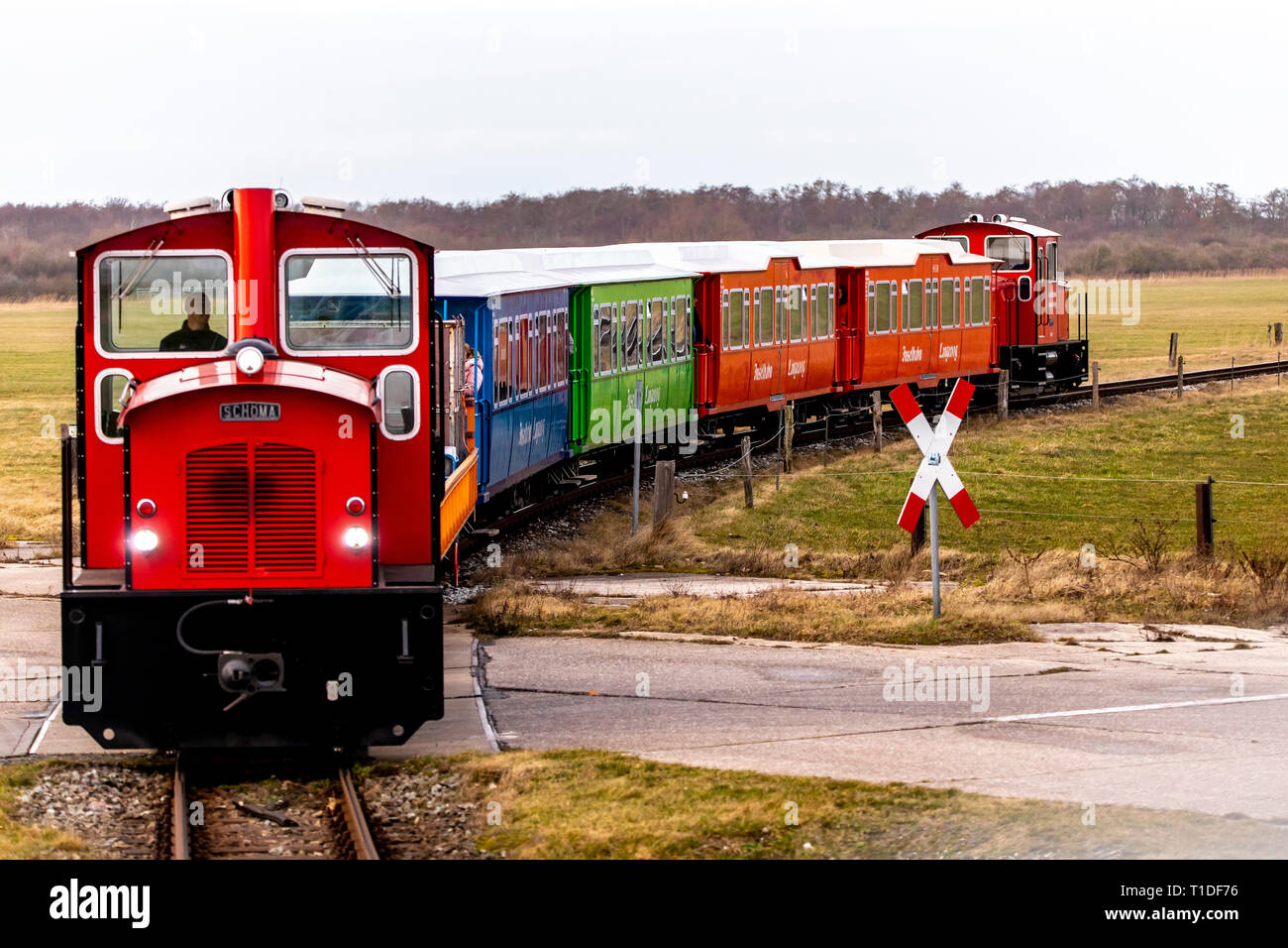 Inselbahn, Zug von der Fähre auf die Insel Bahnhof im Dorf, Nordseeinsel Langeoog, Ostfriesland, Niedersachsen, Stockfoto