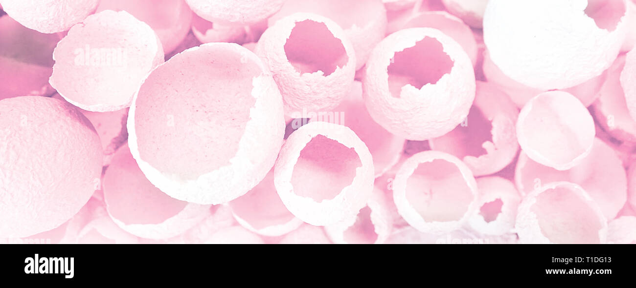 Knickeier Muster wie bunte rosa Hintergrund. Ansicht von oben, flach, selektive konzentrieren. Ostern kreative minimalen Begriff. Eggshell Textur für Kunst hinterg Stockfoto
