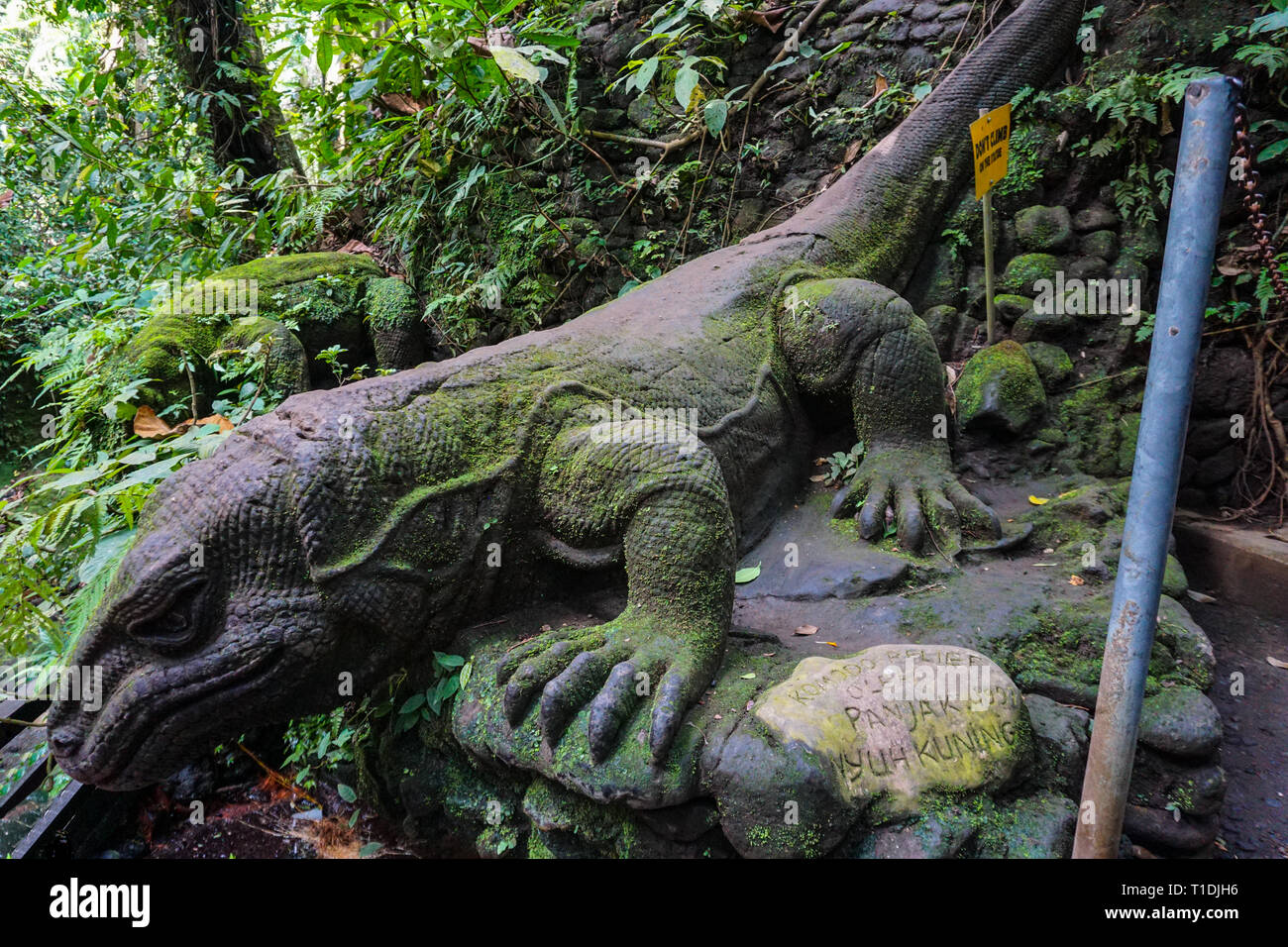 Eine steinerne Statue des Komodo monitor, mit Moos und Flechten in einer tropischen grünen Wald in der Nähe des Flusses bedeckt. Riesige Echse in der Heiligen Affenwald, Ub Stockfoto