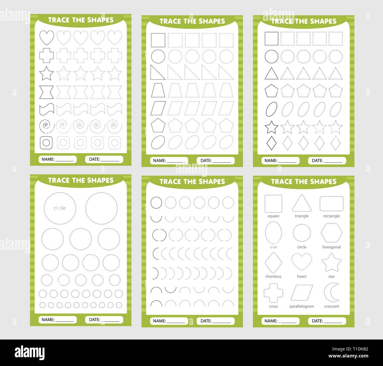 Lernen für Kinder, Zeichnung Aufgaben. Grün der geometrischen Formen um die Kontur nachzeichnen. Stock Vektor