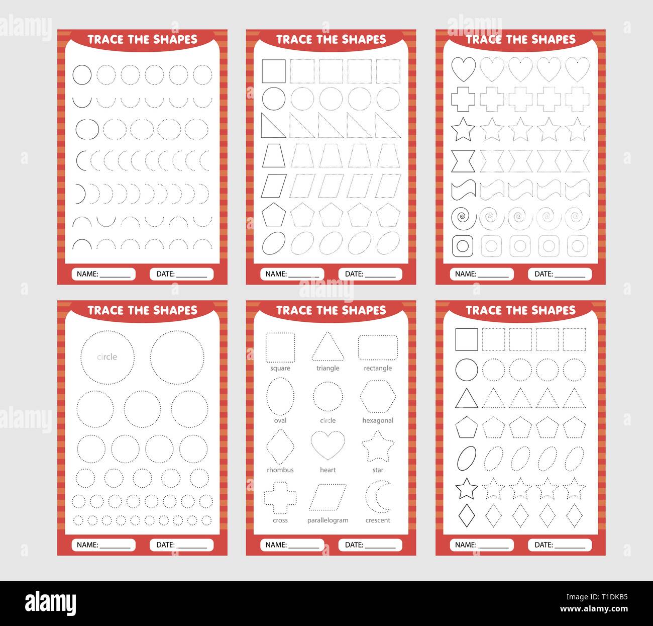Lernen für Kinder, Zeichnung Aufgaben. set Rot der geometrischen Formen um die Kontur nachzeichnen. Stock Vektor