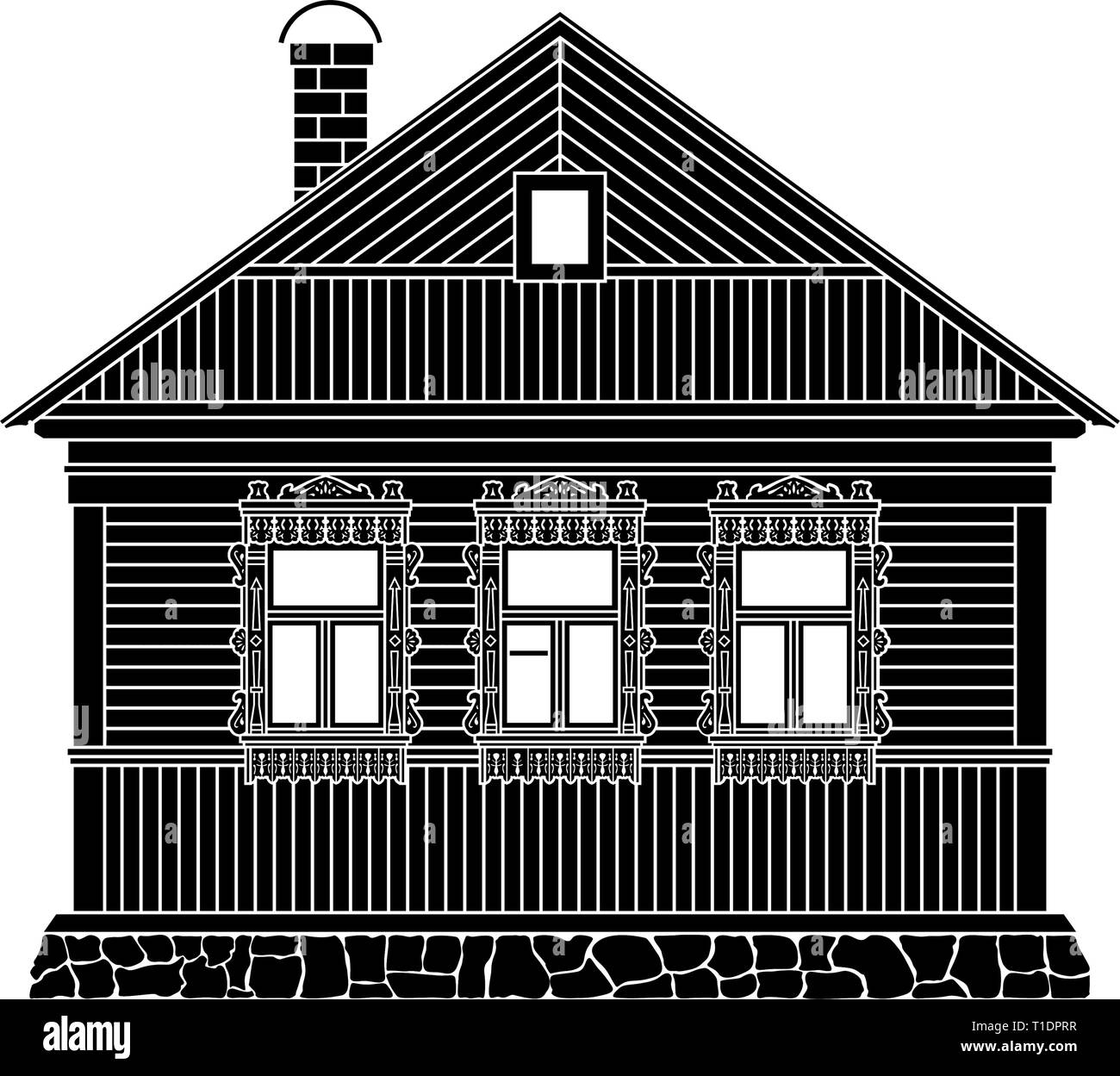 Russische traditionelle Holz- Haus. Die Fenster sind mit Holz geschnitzte Frames gestaltet. Vector Illustration. schwarze Silhouette. Stock Vektor