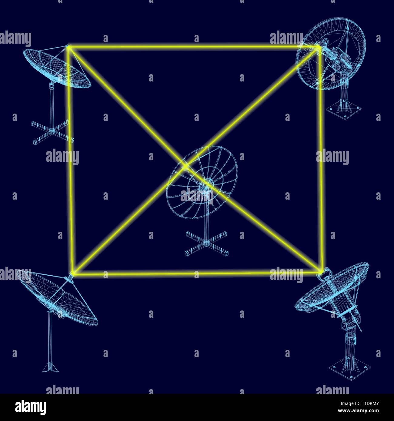 Hintergrund mit Satellitenschüsseln, die Signale untereinander. Drahtmodell Satellitenschüsseln. Vector Illustration Stock Vektor