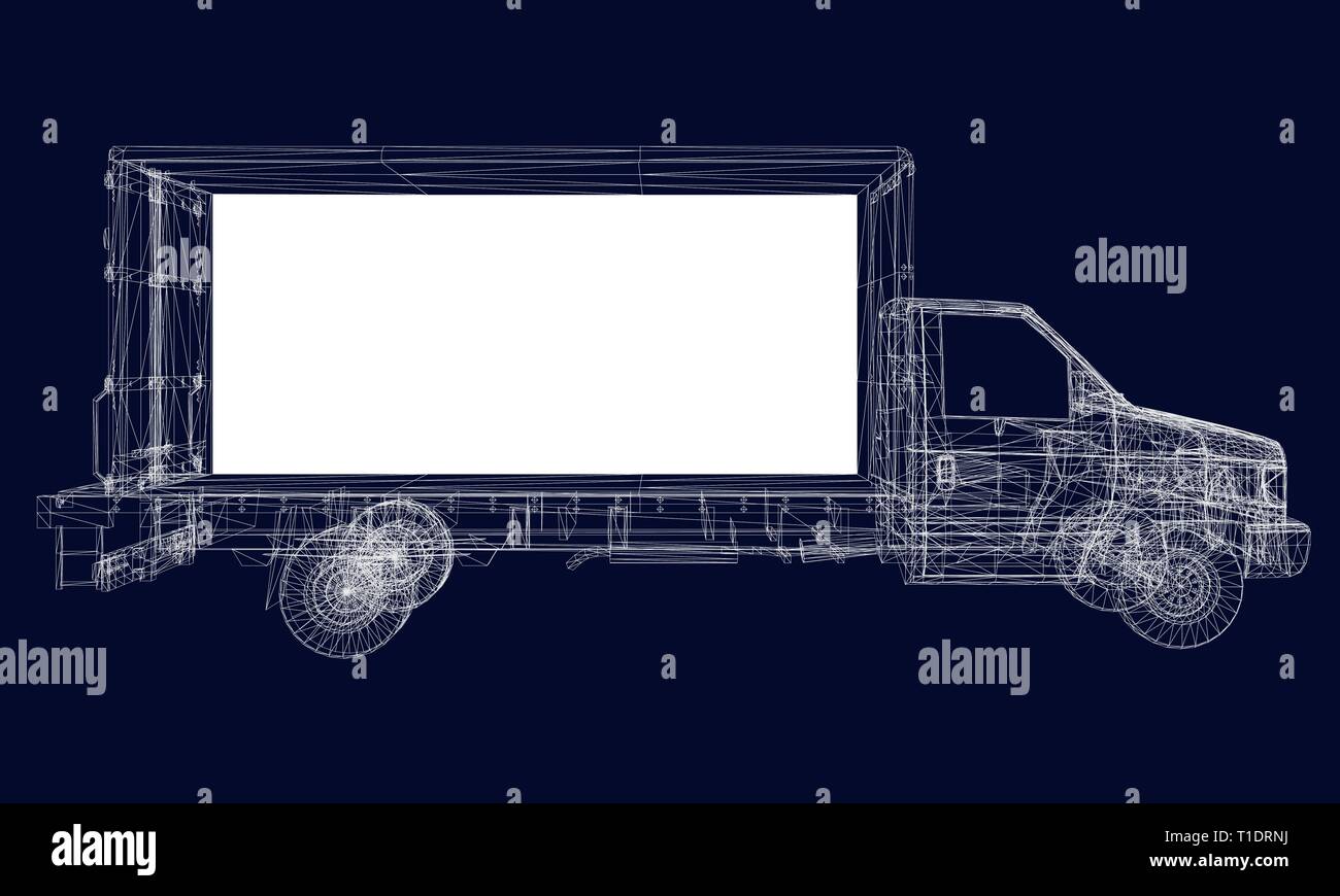 Lkw Drahtmodell der weißen Linien auf einem dunklen Hintergrund. Von der Seite. Vector Illustration Stock Vektor