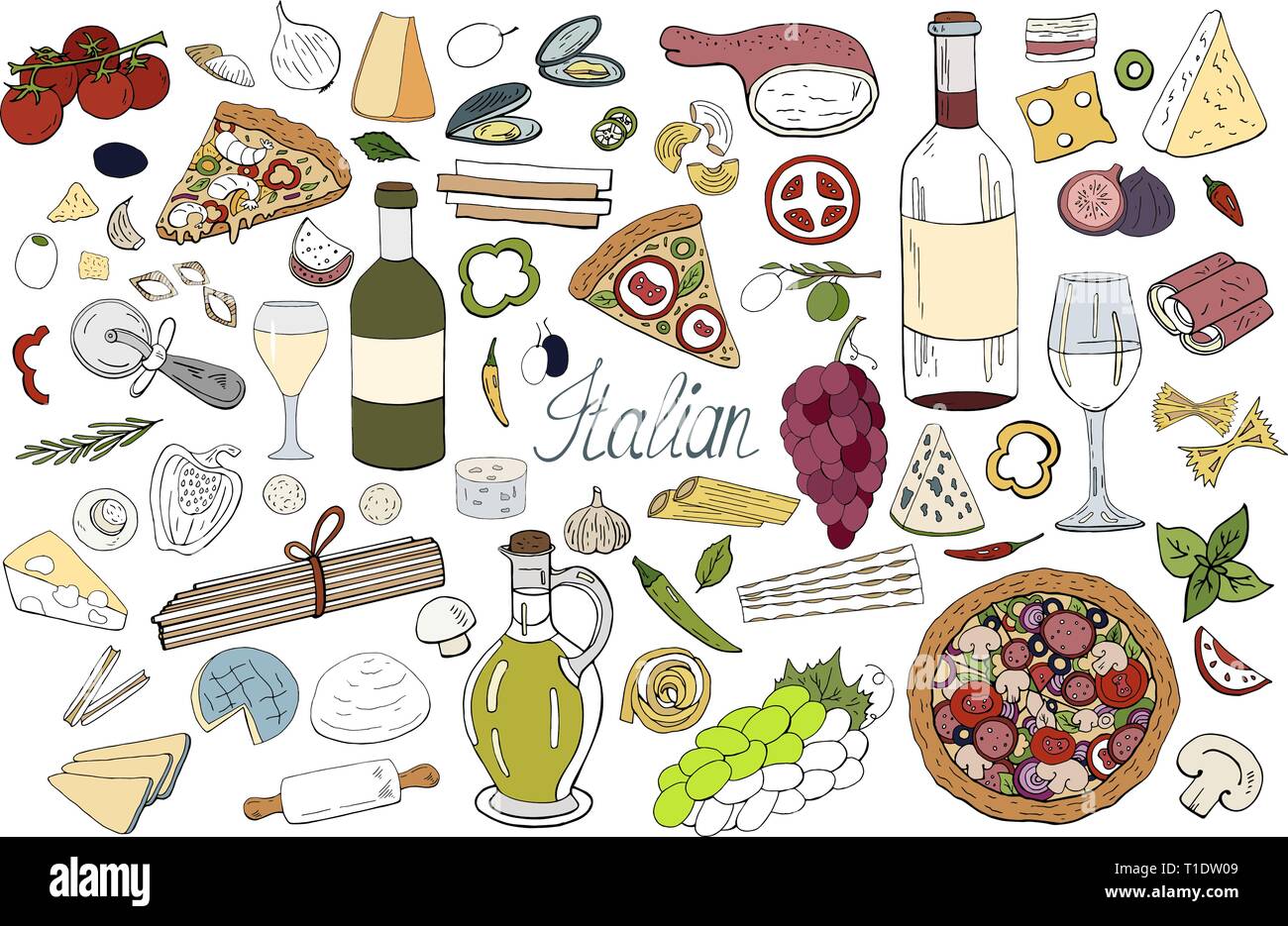 Satz von Hand italienisches Essen Elemente gezeichnet isoliert Stock Vektor
