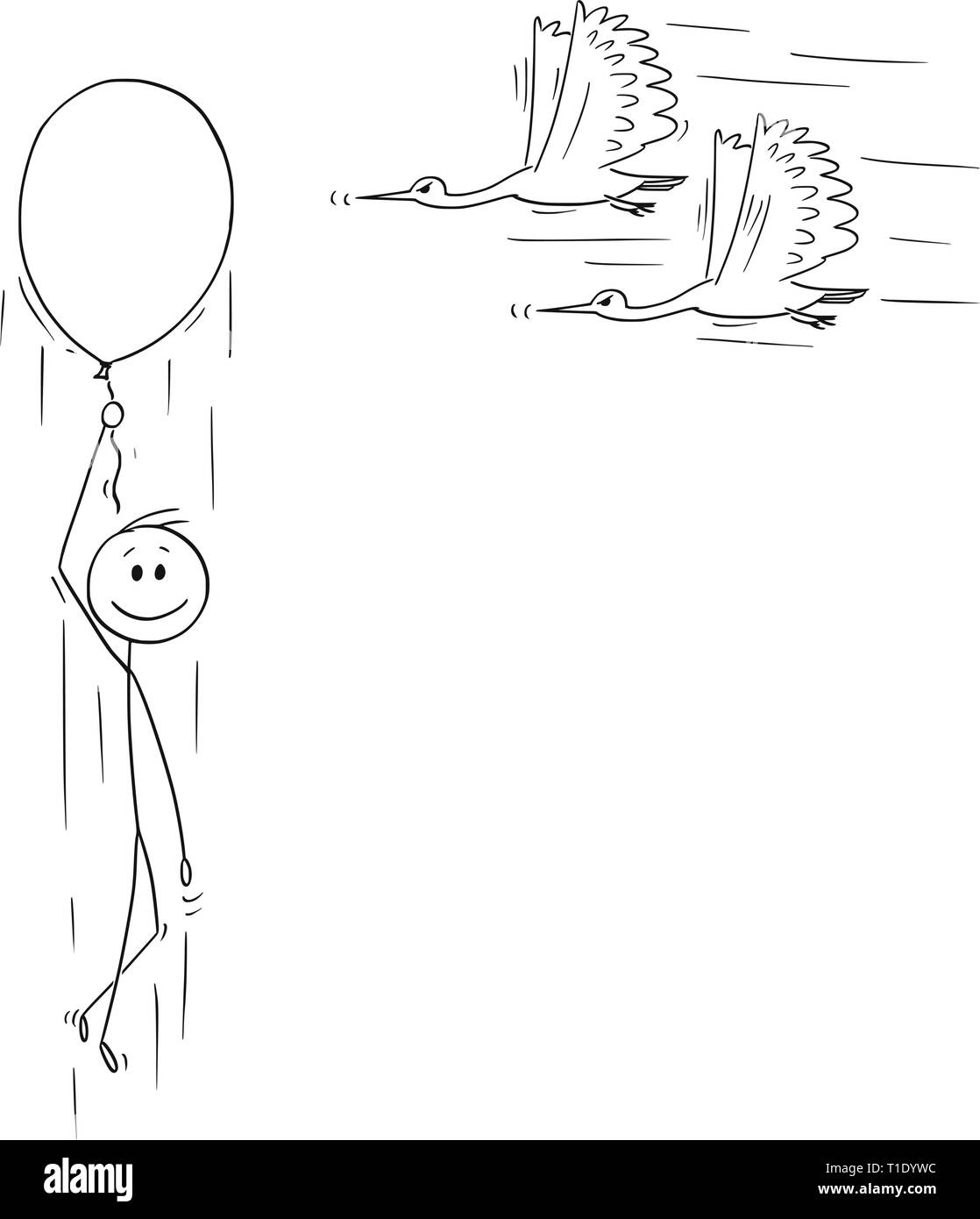 Cartoon Strichmännchen Zeichnen konzeptionelle Darstellung der glückliche Mann oder Geschäftsmann fliegen bis auf aufblasbaren Luftballon während zwei Vögel mit spitzen Schnabel fliegen um den Ballon. Konzept der Gefahr und Risiko. Stock Vektor