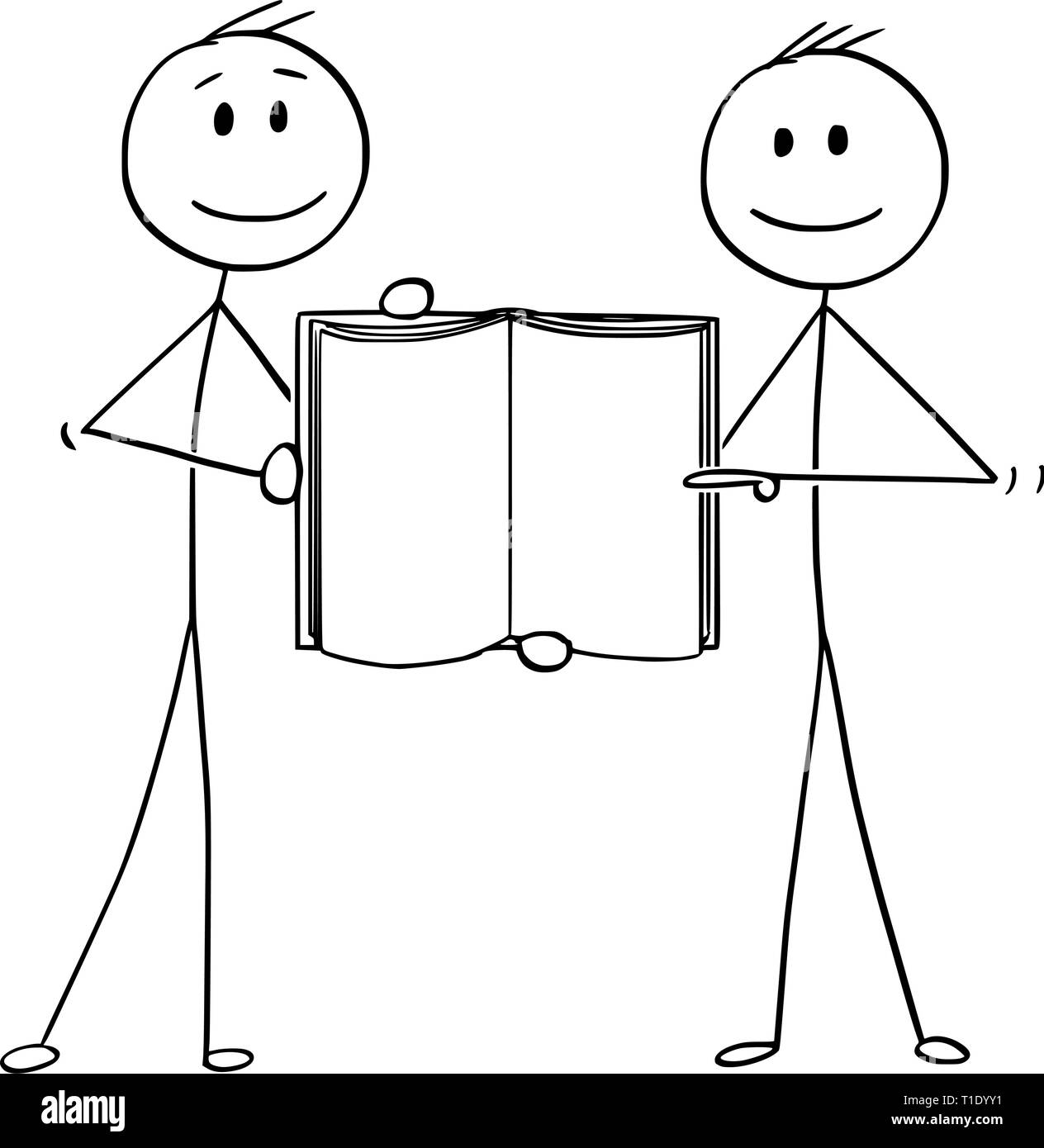 Cartoon Strichmännchen Zeichnung konzeptuelle Abbildung von zwei Männern oder Geschäftsleute zusammen halten offenes Buch mit leeren Seiten. Stock Vektor