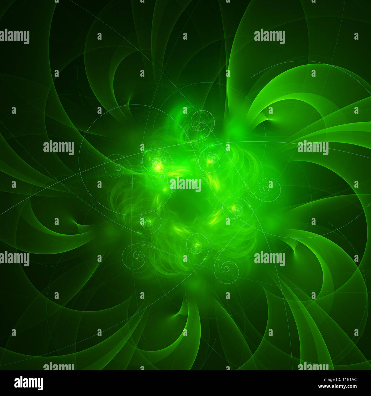 Glühende ligh Grünen geschwungenen Linien über dunkle Energie Zusammenfassung Hintergrund Raum Universum. Abbildung: Stockfoto